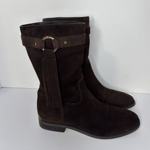 Michael Kors Womens Rhea Brown Suede Mid Calf Boots Fringe Pull On Booties Style - Picture 5 of 9